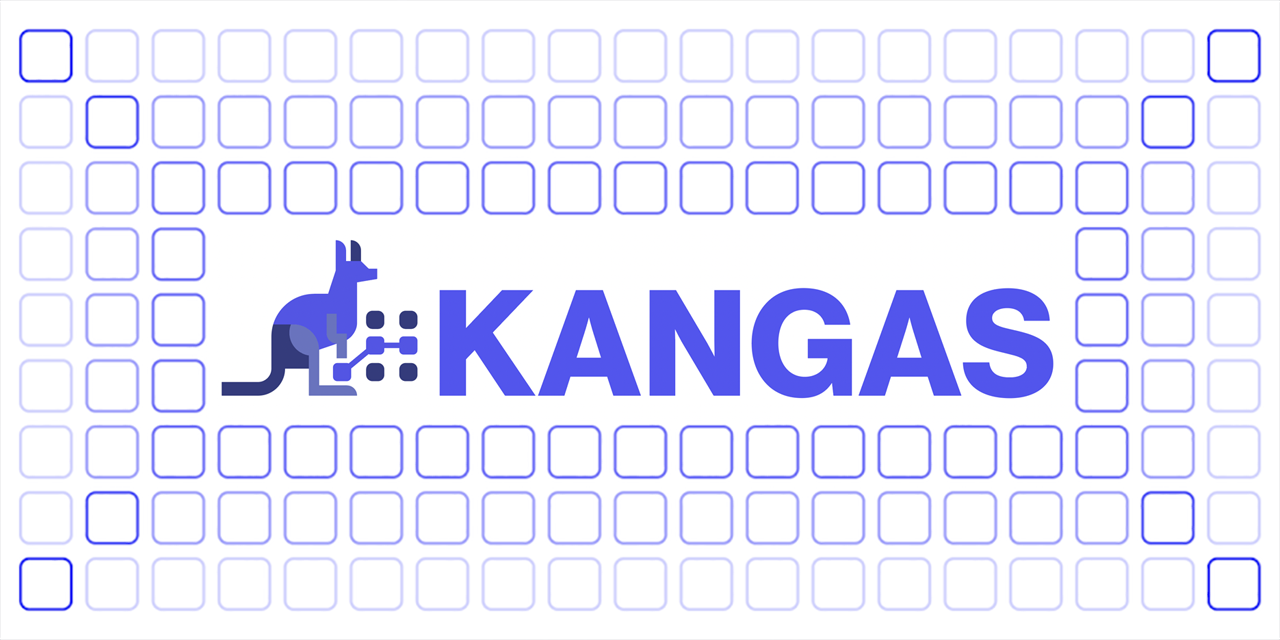 A white and purple geometric background with a kangaroo graphic and the word Kangas